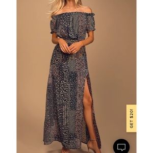 LULUS Neva Navy Blue Floral Print Off-the-Shoulder Maxi Dress